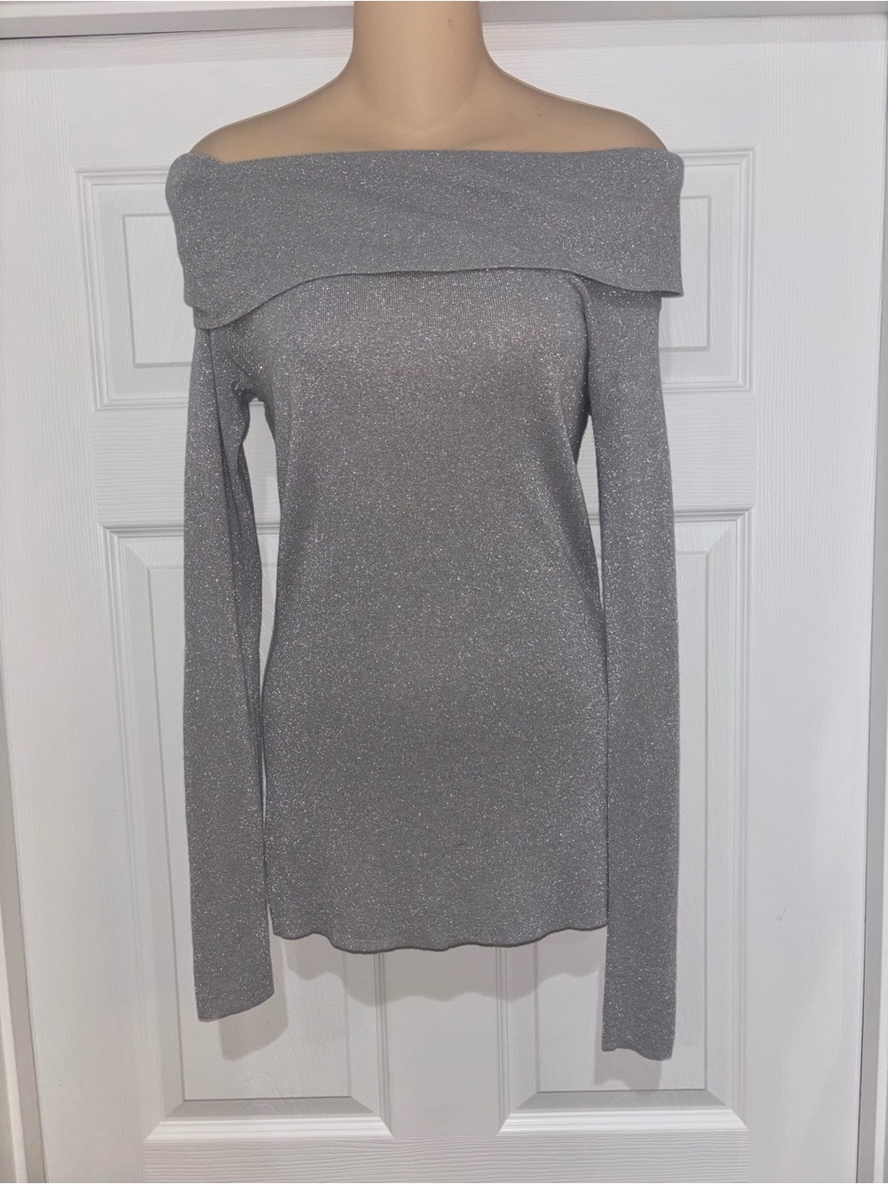 Off-Shoulder Shimmer / Glitter Knit Sweater - Silver
